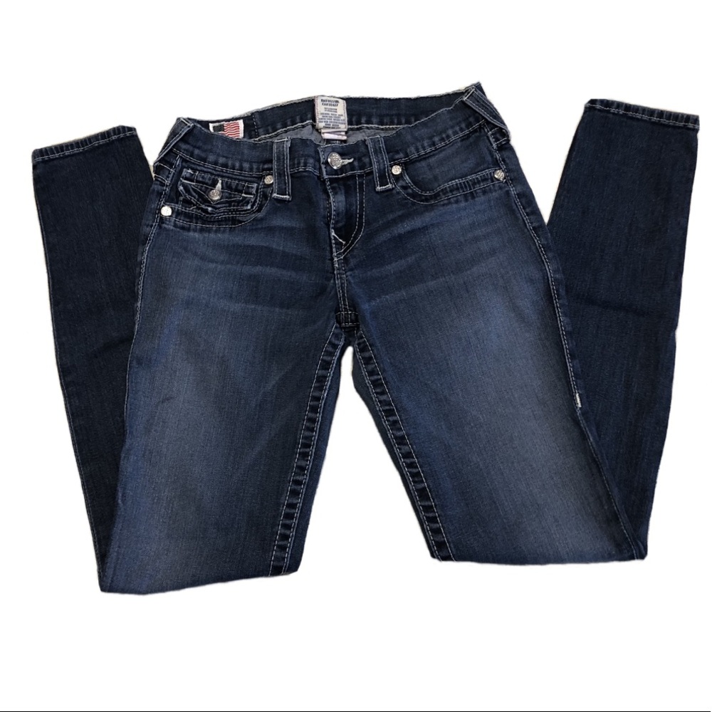 True Religion Straight Leg Jeans Flap Pockets Medium Wash Blue Sz 27